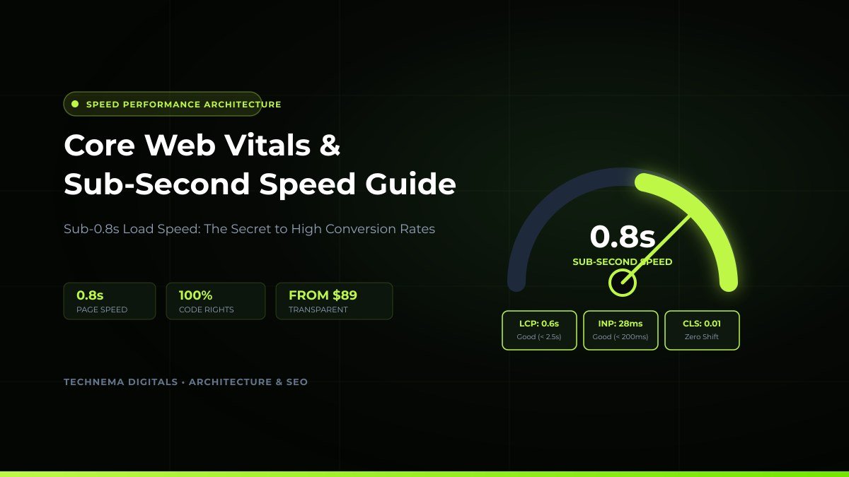 Speedometer dashboard showing sub second page load speed and 100 percent performance score